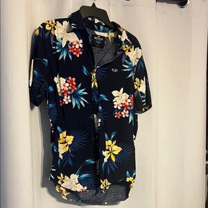 Hollister Men's Dark Blue Tropical Floral Shirt